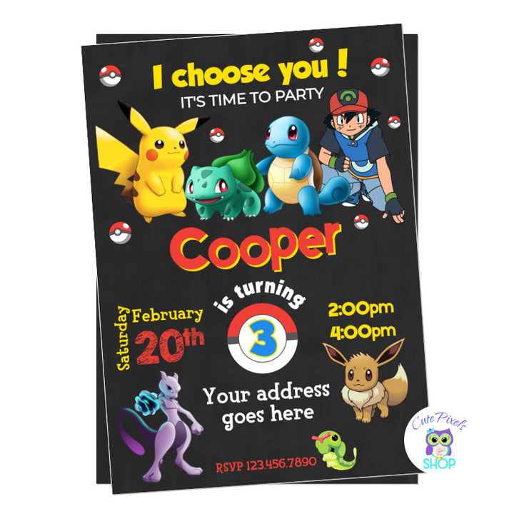 Pokemon invitation for a Pokémon birthday with Pikachu, Ash, Mwetwo and many Pokemons!
