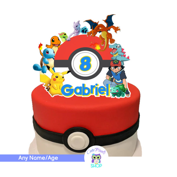 Pokemon cake topper with multiple Pokemon characters around the Pokemon ball