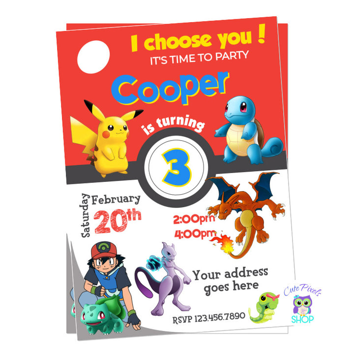 Pokemon invitation for a Pokémon birthday with Pikachu, Ash, Mwetwo and many Pokemons! Invitation design like a Pokeball.