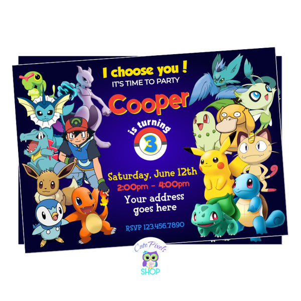 Pokemon Invitation with lots of Pikachu and Pokemon friends