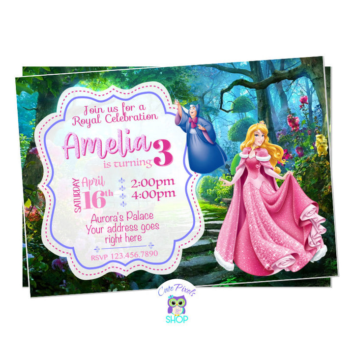 Princess Aurora Invitation, Sleeping Beauty invitation. Disney Princess Invitation with Aurora the sleeping beauty and the Fairy Godmother. Landscape design