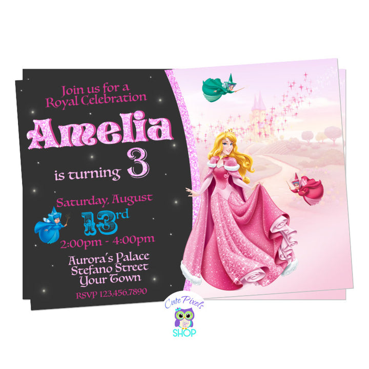 Sleeping Beauty invitation with Princess Aurora and the three Fairies, perfect for a Princess Birthday party! Full of pinks and some blue!