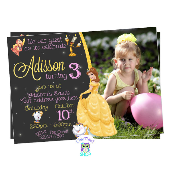 Beauty and The Beast invitation. Princess Belle Birthday Invitation in pink, yellow and gold. Includes Child's photo, Princess Belle with Mrs. Potts, Chip, Lumiere and Cogsworth. 