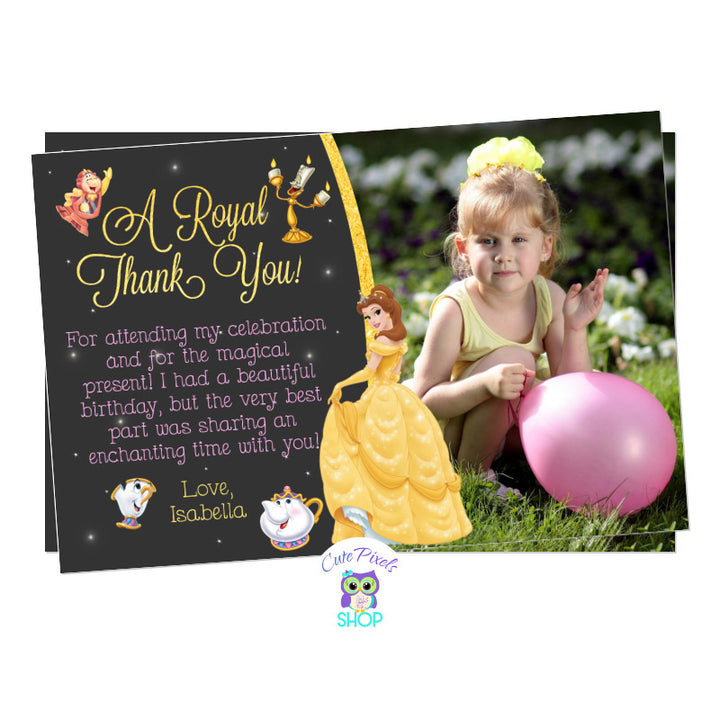 Beauty and The Beast Thank You Card. Princess Belle Card in pink, yellow and gold. Includes Child's photo, Princess Belle with Mrs. Potts, Chip, Lumiere and Cogsworth.