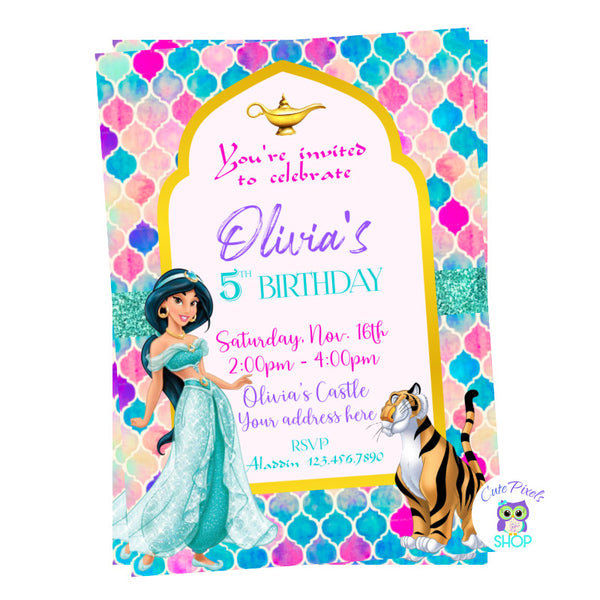 Princess Jasmine Invitation for an Aladdin Birthday Party in a cute arabic design with Jasmine and Rajah the tiger