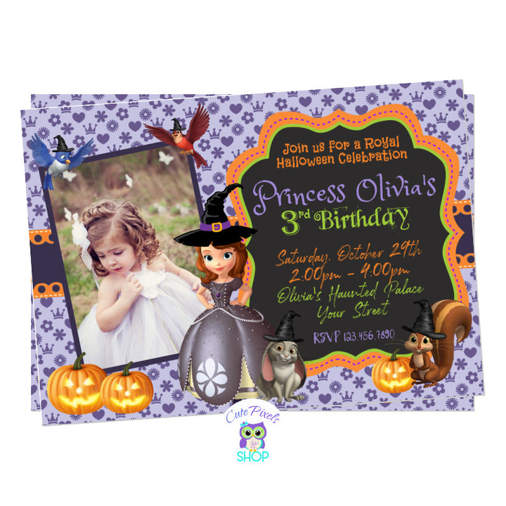 Princess Sofia Halloween Invitation with Princess Sofia the First, Clover and Whatnaught in a purple background for a Halloween Birthday party. Includes Child's Photo