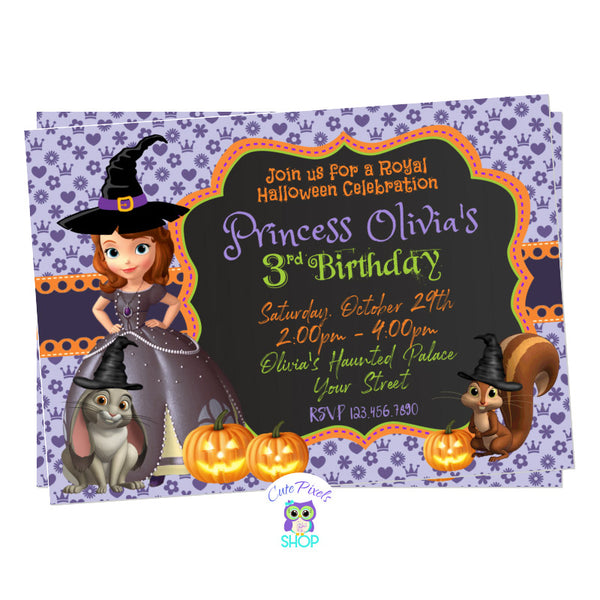 Princess Sofia Halloween Invitation with Princess Sofia the First, Clover and Whatnaught in a purple background for a Halloween Birthday party
