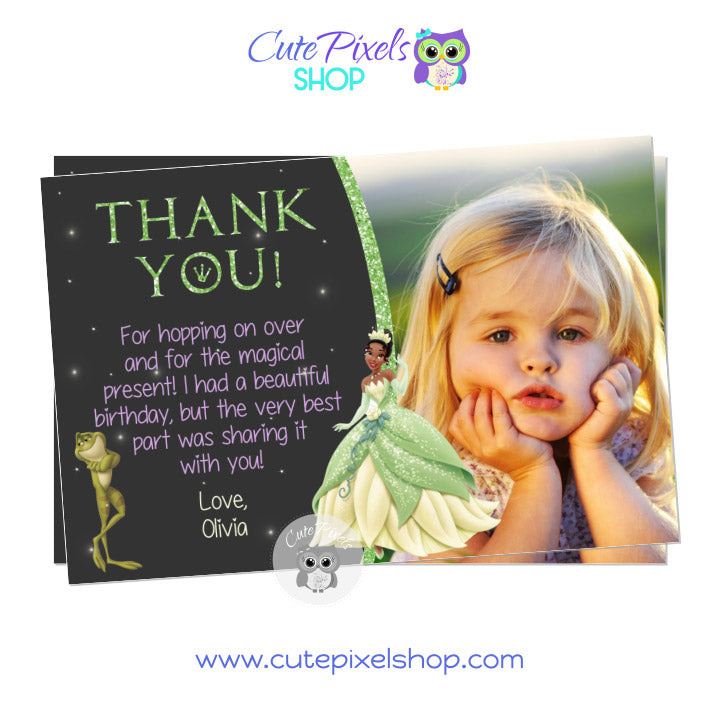 The princess and the frog Thank You Card with Princess Tiana and Prince Naveen as a frog , perfect for a Disney princess birthday. Includes child's photo.