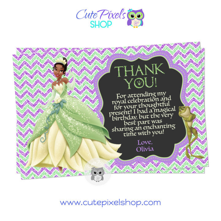 The princess and the frog thank you card with Princess Tiana and Prince Naveen as a frog in a glitter zigzag background, perfect for a Disney princess birthday. 