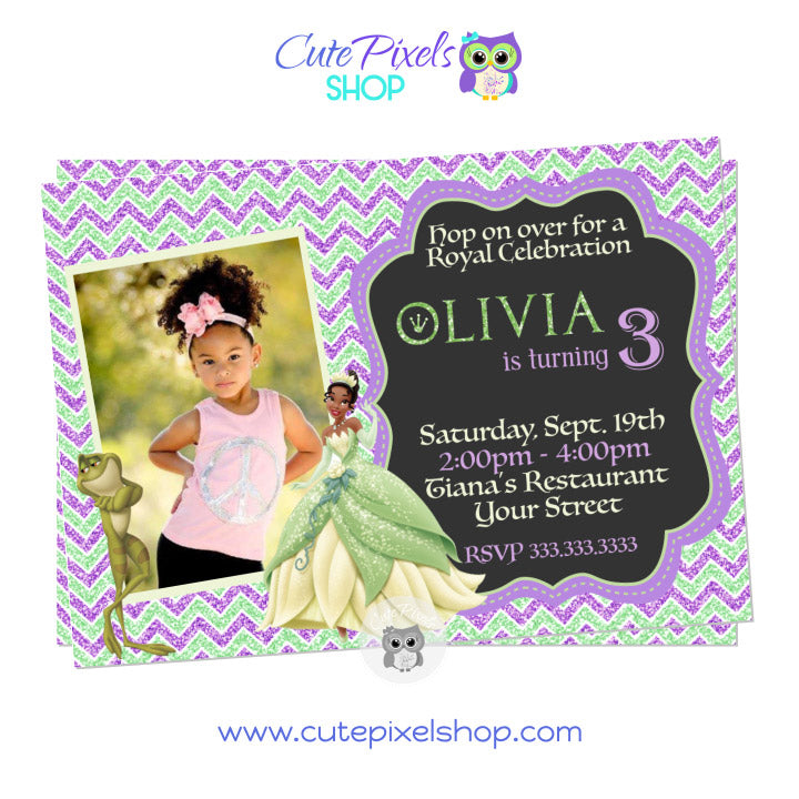 The princess and the frog invitation with Princess Tiana and Prince Naveen as a frog in a glitter zigzag background, perfect for a Disney princess birthday. Includes child's photo.
