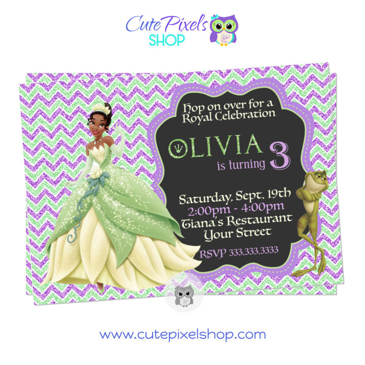 The princess and the frog invitation with Princess Tiana and Prince Naveen as a frog in a glitter zigzag background, perfect for a Disney princess birthday.