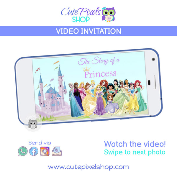 Disney Princess Birthday Video Invitation, All disney princess together in an animated invitation for a Princess Birthday