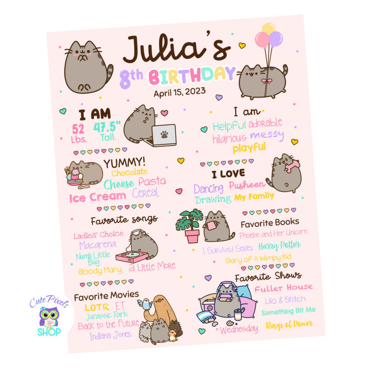 Pusheen Birthday sign with all your child's milestones to have the cutest Pusheen Cat Birthday party. Pusheen Poster to decorate your Party!