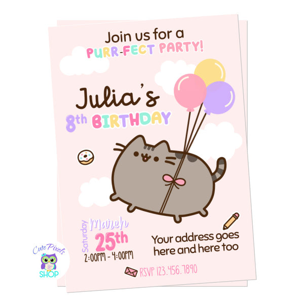Pusheen the cat invitation with Pusheen holding ballons will be the cutest for a Purr-fect cat party! Pink Color