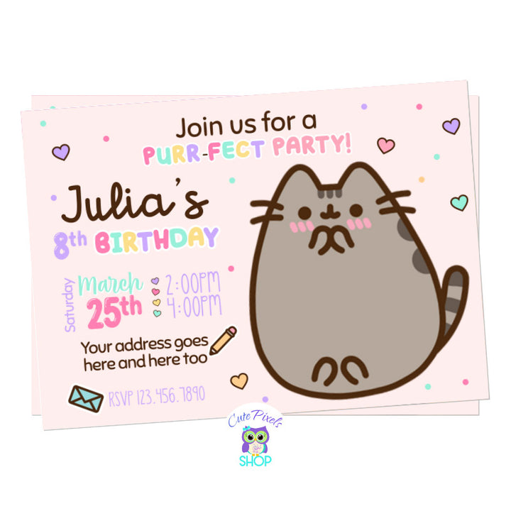 Pusheen The Cat invitation with Pusheen in a soft pink background with hearts and dots, to have a Purr-fect party and celebrate a cute cat's party! Pink Design