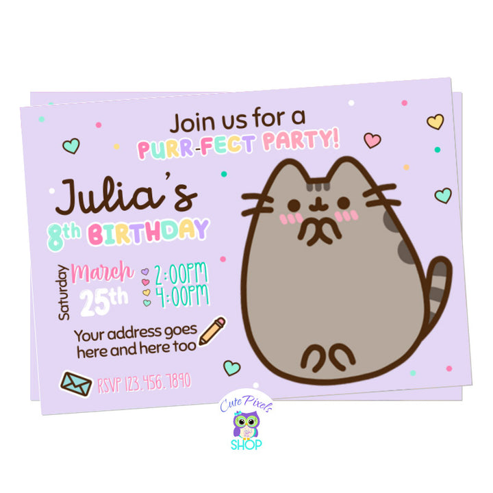 Pusheen The Cat invitation with Pusheen in a soft pink background with hearts and dots, to have a Purr-fect party and celebrate a cute cat's party! Purple Design