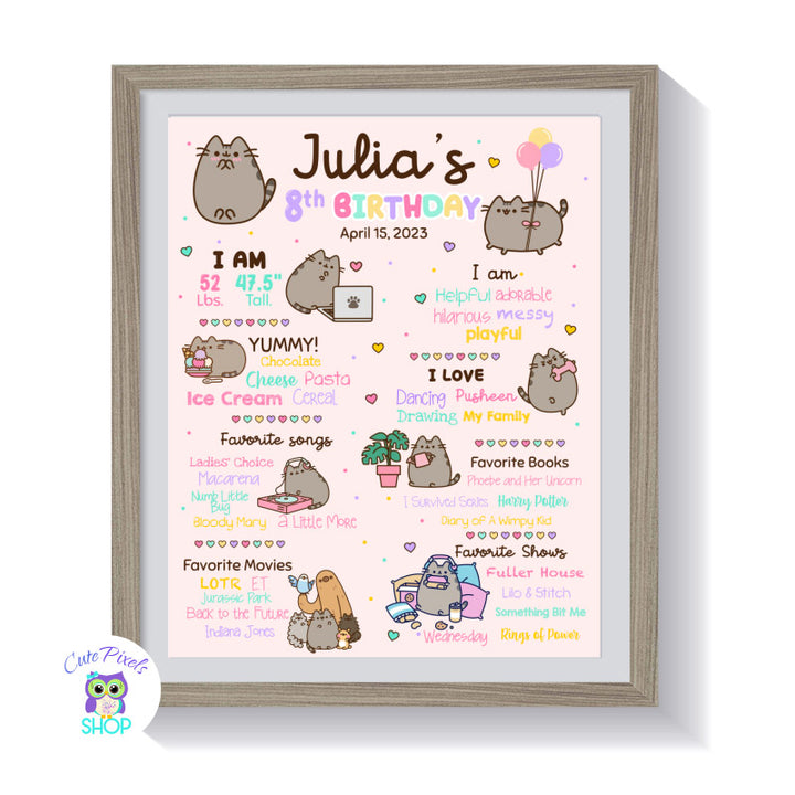 Pusheen Birthday sign with all your child's milestones to have the cutest Pusheen Cat Birthday party. Pusheen Poster to decorate your Party! On frame