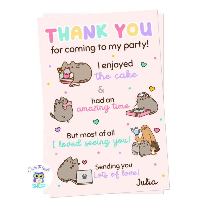 Pusheen the cat thank you card, Pusheen in multiple poses to say thanks to your guests