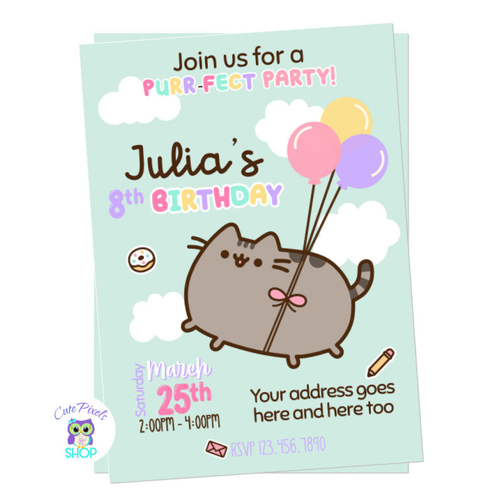 Pusheen the cat invitation with Pusheen holding ballons will be the cutest for a Purr-fect cat party! Teal Color