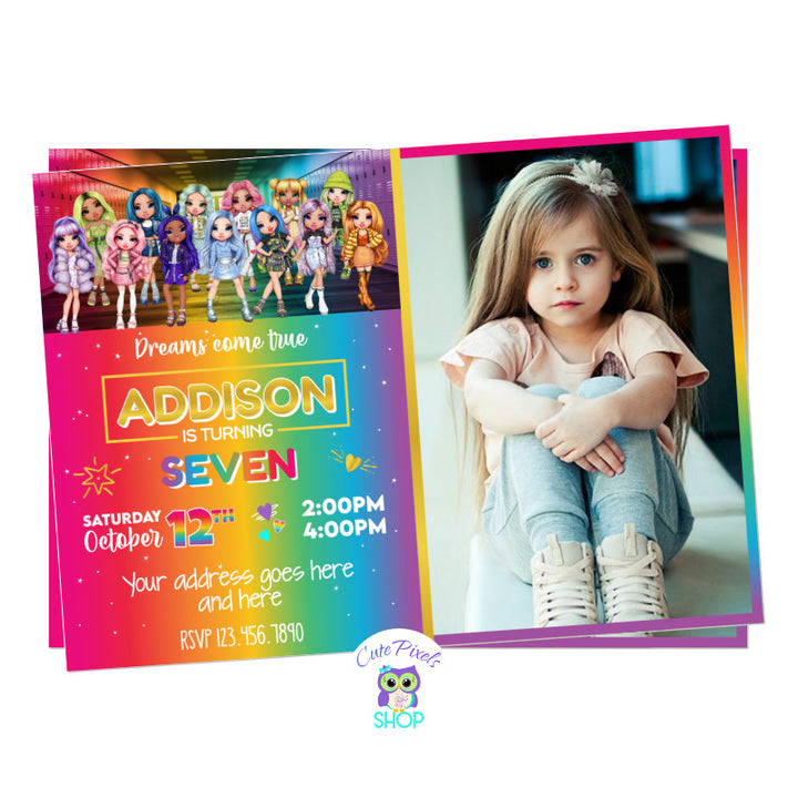 Rainbow High Dolls invitation with lots of Rainbow High Dolls, a rainbow background perfect for a Rainbow High Birthday. Includes child's photo.