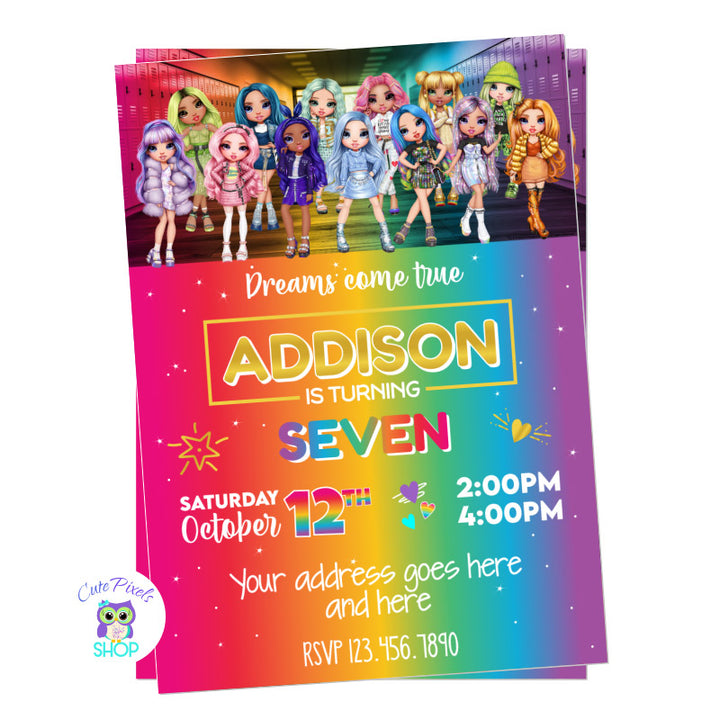 Rainbow High Dolls invitation with lots of Rainbow High Dolls, a rainbow background perfect for a Rainbow High Birthday.