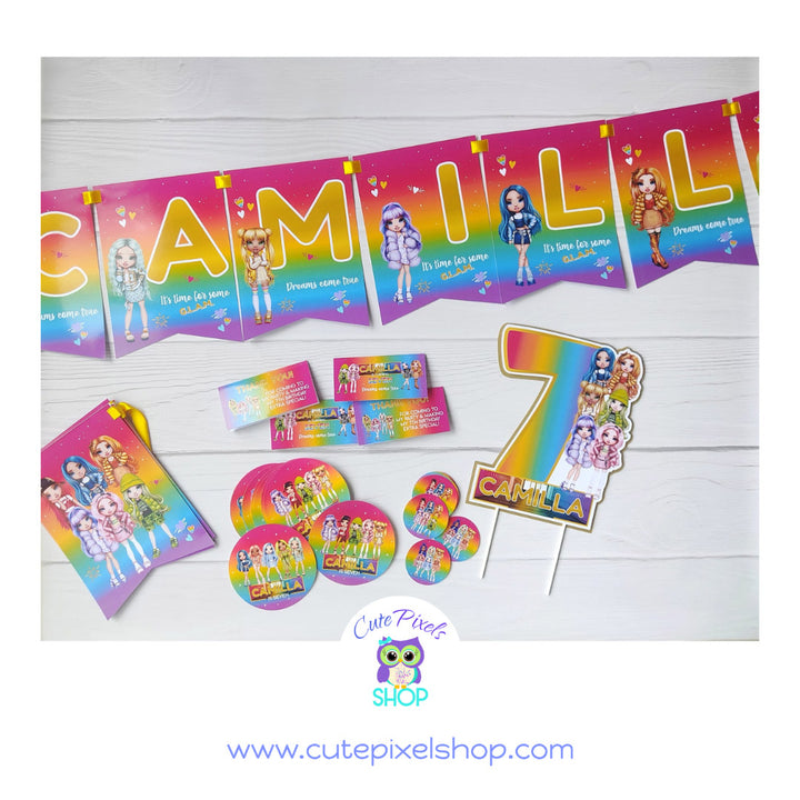 Rainbow High Party decorations including Banner, Place cards, Stickers and Cake Topper to decorate your Rainbow High Dolls Birthday