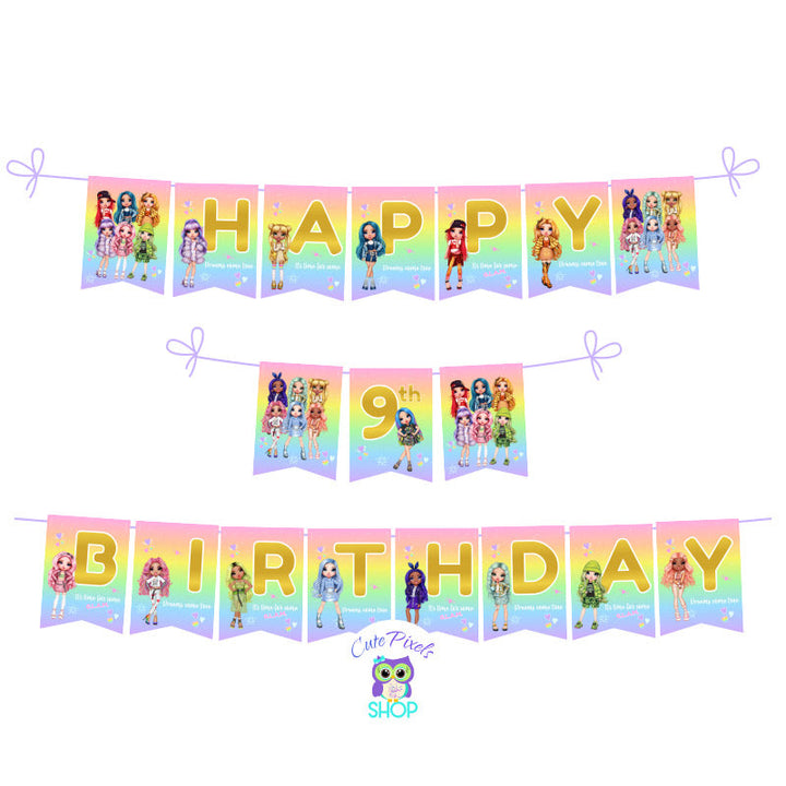 Rainbow High Dolls Birthday Banner, flags in rainbow background with many Rainbow High Dolls. Rainbow High Dolls Banner in Pastel Colors