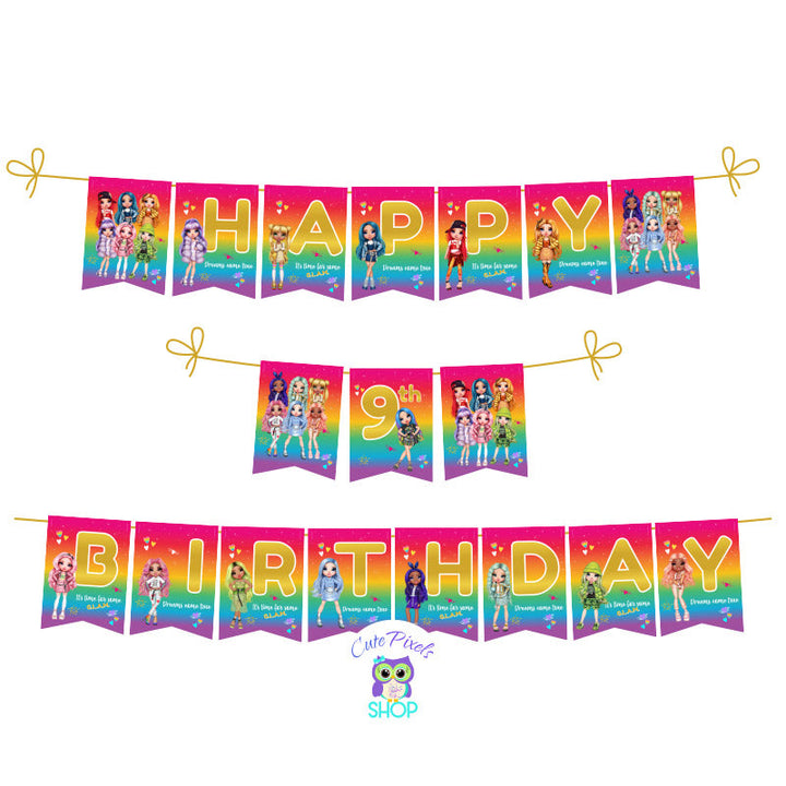 Rainbow High Dolls Birthday Banner, flags in rainbow background with many Rainbow High Dolls.