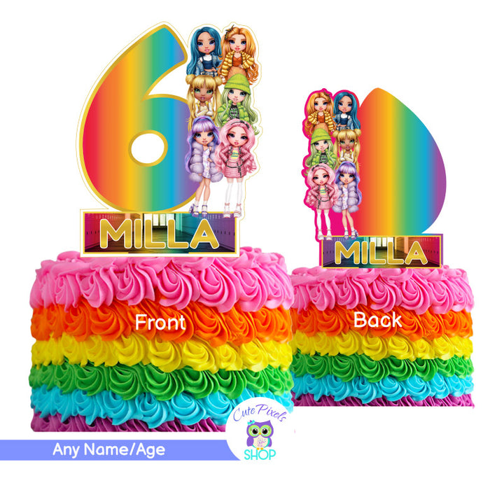 Rainbow High Cake Topper, Rainbow High Dolls Centerpiece with child's name, age and many Rainbow High dolls.