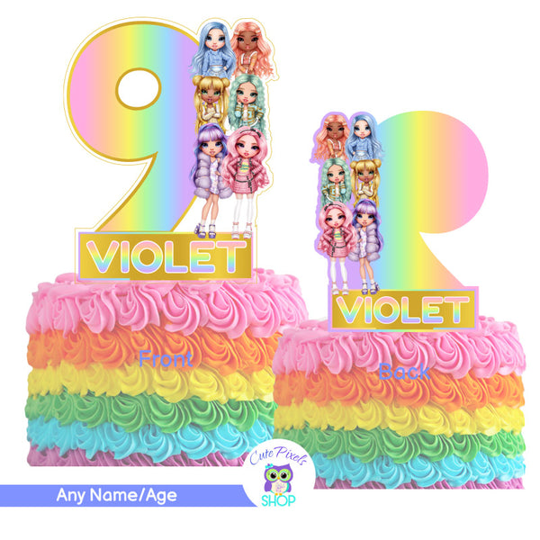 Rainbow High Cake Topper, Rainbow High Dolls Centerpiece with child's name, age and many Rainbow High dolls. Rainbow High Dolls in Pastel Colors