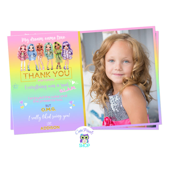 Rainbow High Dolls Thank You Card. Rainbow High Dolls at the top and a rainbow background at the bottom with a thank you text. Design in pastel colors. With child's photo