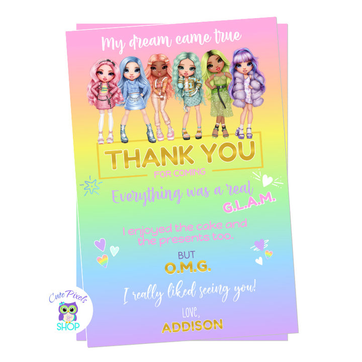 Rainbow High Dolls Thank You Card. Rainbow High Dolls at the top and a rainbow background at the bottom with a thank you text. Design in pastel colors