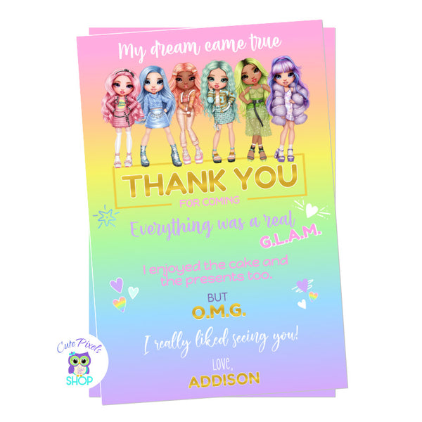 Rainbow High Dolls Thank You Card. Rainbow High Dolls at the top and a rainbow background at the bottom with a thank you text. Design in pastel colors