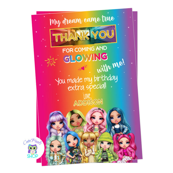 Rainbow High Dolls Thank You Card. Rainbow High Dolls at the top and a rainbow background at the bottom with a thank you text.