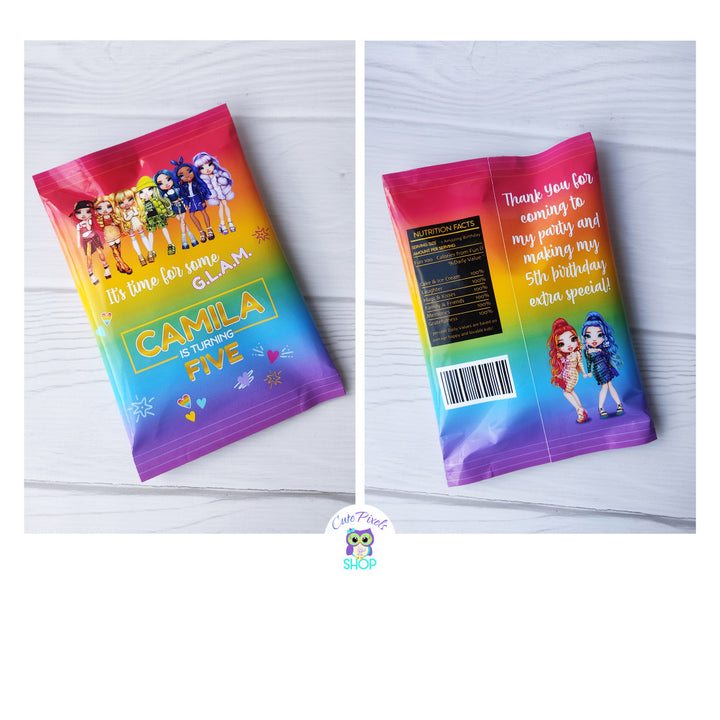 Rainbow High Dolls Chip Bag wrappers, printed and shipped to be used with your potato chips or as goodie bag. Rainbow Background with the Rainbow High Dolls, child's name and age as Rainbow High Logo