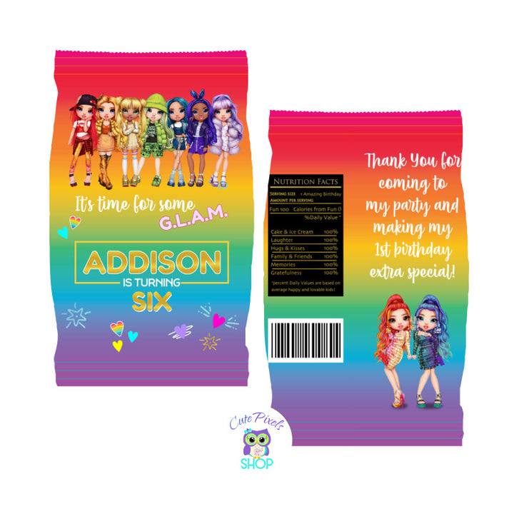 Rainbow High Dolls Chip Bag wrappers, to be used in your potato chips or as goodie bag. Rainbow Background with the Rainbow High Dolls, child's name and age as Rainbow High Logo