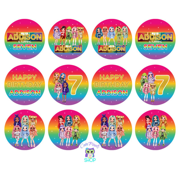 Rainbow High Doll cupcake toppers with rainbow background, many Rainbow High Dolls, child's name and age. Use the as favor tags, stickers and cupcake toppers