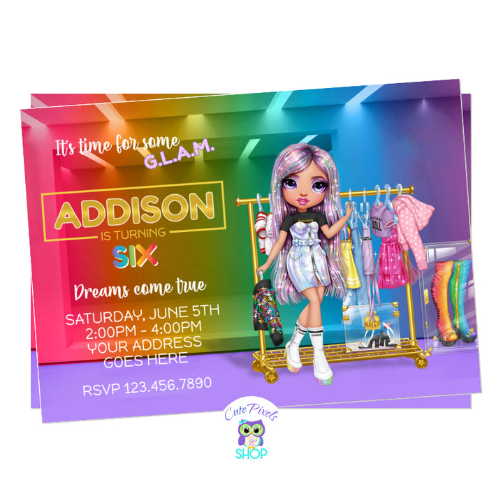Rainbow High Dolls Invitation. It's time for Glam with this Rainbow High Doll Invitation, full of Rainbow colors and fashion