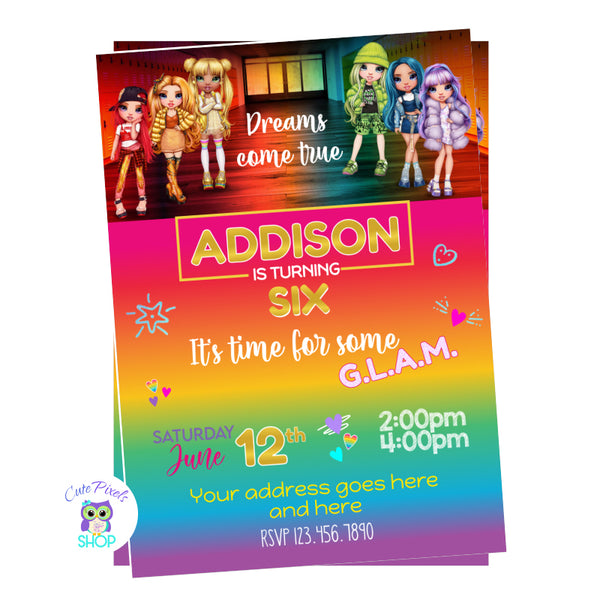 Rainbow High Dolls Invitation with all Rainbow High Dolls at the top and a rainbow background with party info, full of color, fashion and style. A dream come true for a Rainbow High Birthday Party