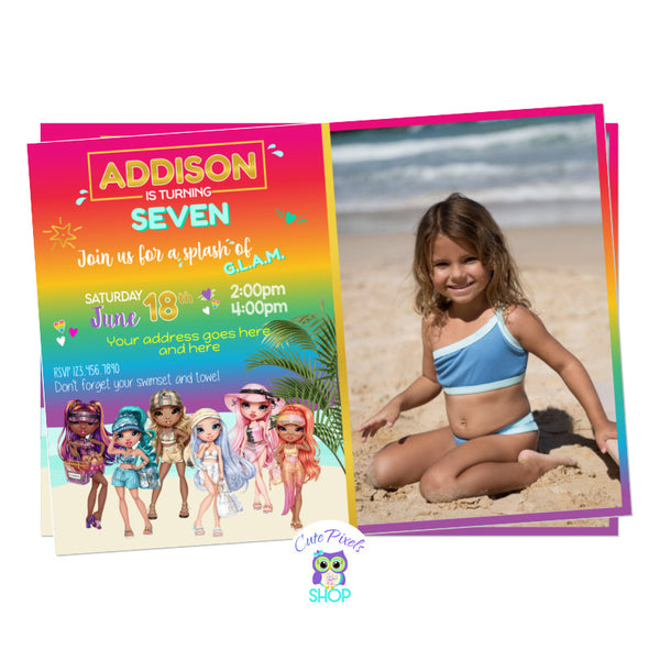 Rainbow High Dolls invitation for a summer party or pool party, with the pacific coast Rainbow High dolls in beachwear and swimsuit. Includes child's photo