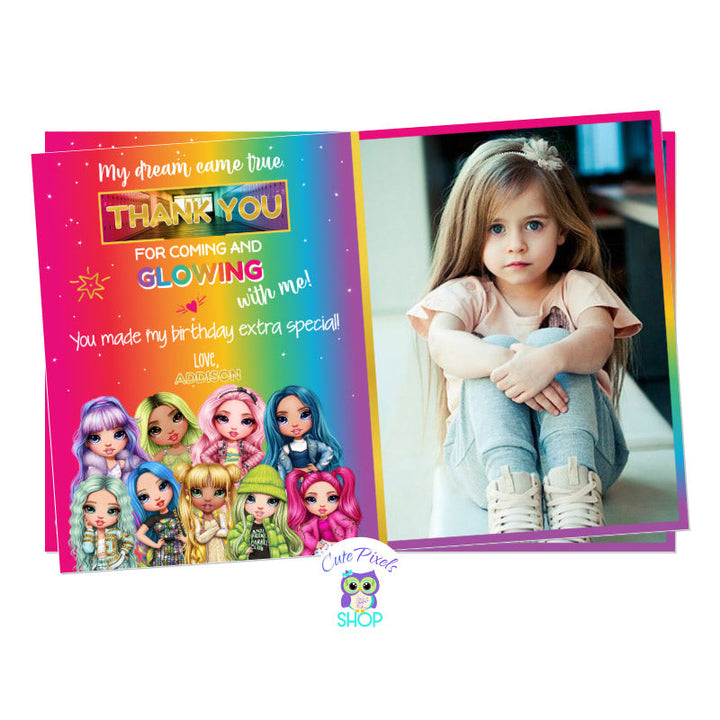 Rainbow High Dolls Thank You Card. Rainbow High Dolls at the top and a rainbow background at the bottom with a thank you text. Includes child's photo