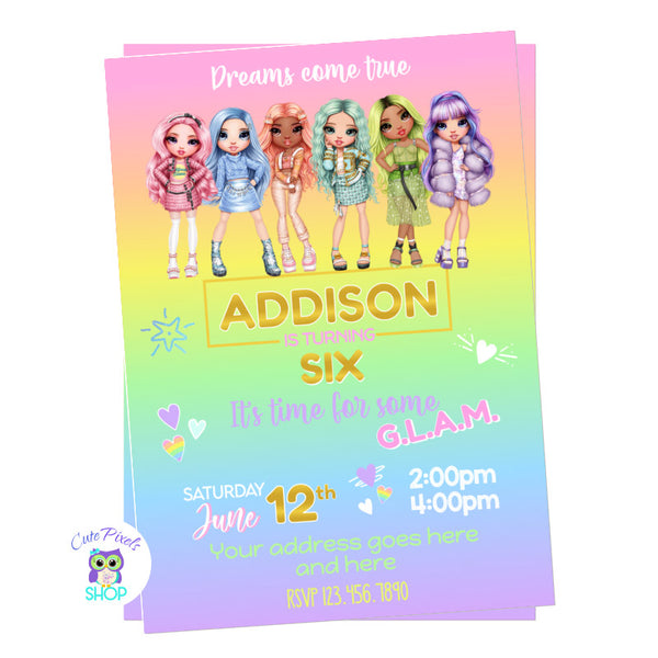 Rainbow High Dolls Invitation with all Rainbow High Dolls at the top and a pastel color rainbow background with party info, full of color, fashion and style. A dream come true for a Rainbow High Birthday Party.