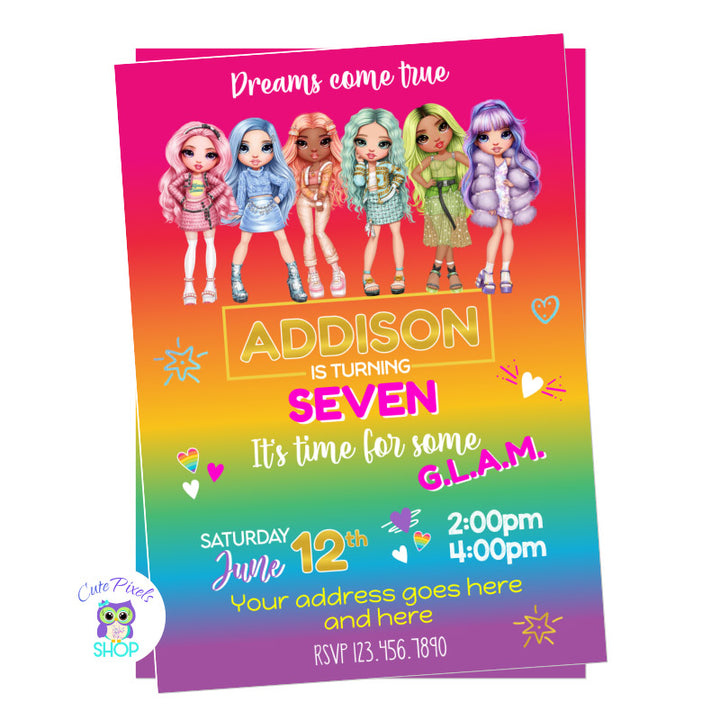 Rainbow High Dolls Invitation with all Rainbow High Dolls at the top and a rainbow background with party info, full of color, fashion and style. A dream come true for a Rainbow High Dolls Birthday Party