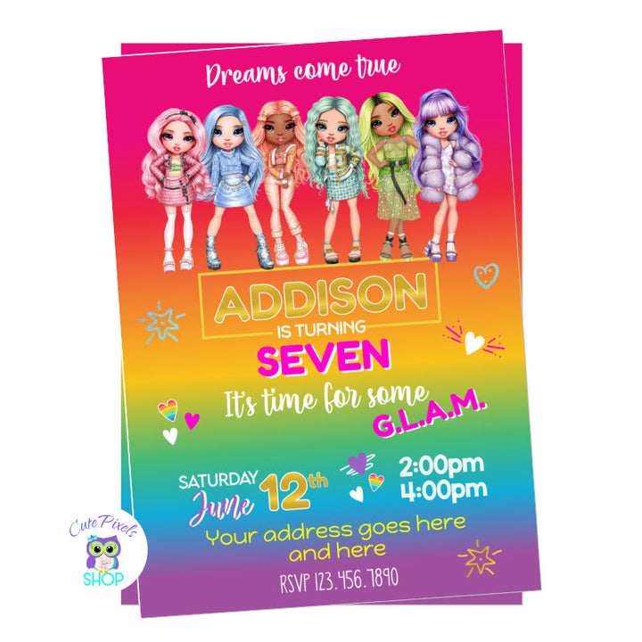 Rainbow High Dolls Invitation with all Rainbow High Dolls at the top and a rainbow background with party info, full of color, fashion and style. A dream come true for a Rainbow High Birthday Party
