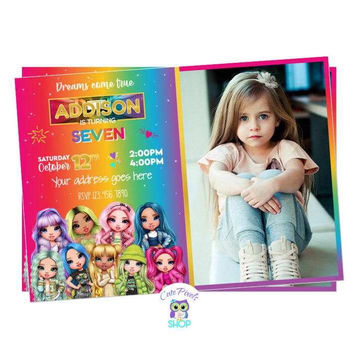 Rainbow High Dolls Invitation with all Rainbow High Dolls at the bottom and a rainbow background with party info, full of color, fashion and style. A dream come true for a Rainbow High Dolls Birthday Party. Includes child's photo