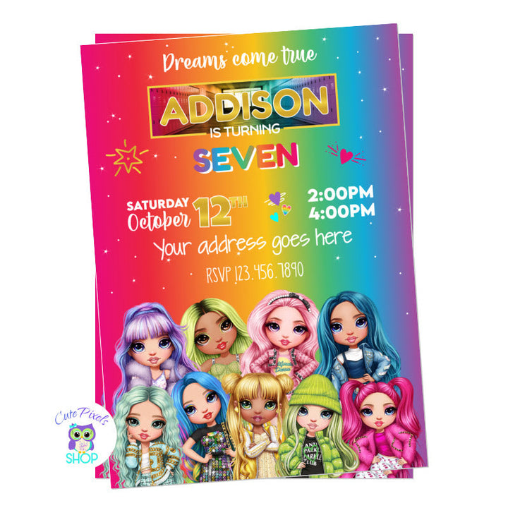 Rainbow High Dolls Invitation with all Rainbow High Dolls at the bottom and a rainbow background with party info, full of color, fashion and style. A dream come true for a Rainbow High Dolls Birthday Party