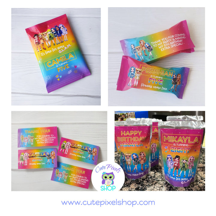 Rainbow High Party decorations, Chip Bags, Rice Krispies Wrappers, Capri Sun labels and Place cards