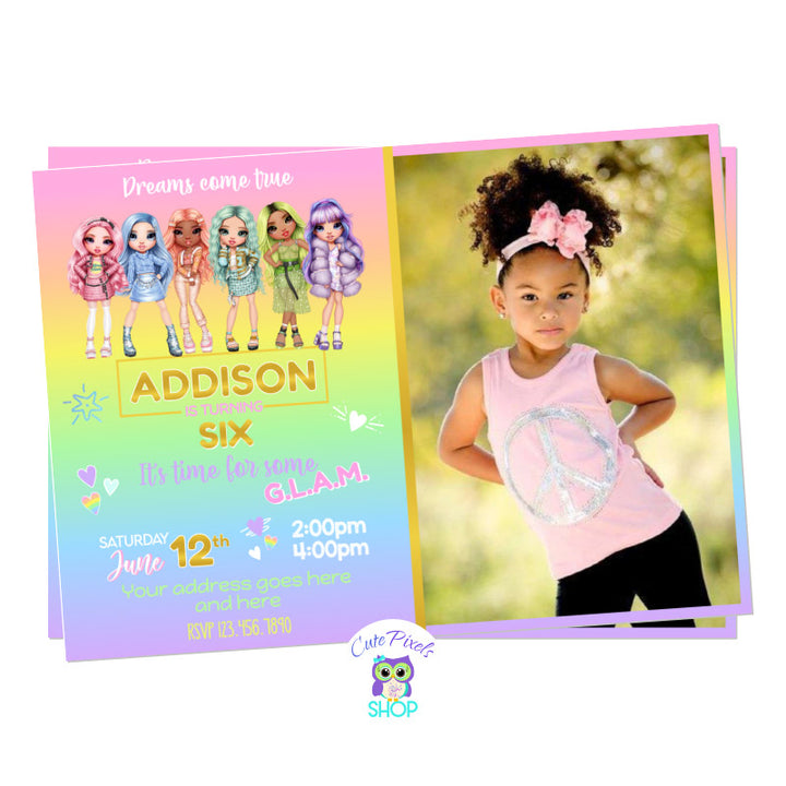 Rainbow High Dolls Invitation with all Rainbow High Dolls at the top and a pastel color rainbow background with party info, full of color, fashion and style. A dream come true for a Rainbow High Birthday Party. Including child's photo