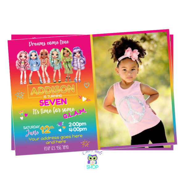 Rainbow High Dolls Invitation with all Rainbow High Dolls at the top and a rainbow background with party info, full of color, fashion and style. A dream come true for a Rainbow High Birthday Party. Including child's photo