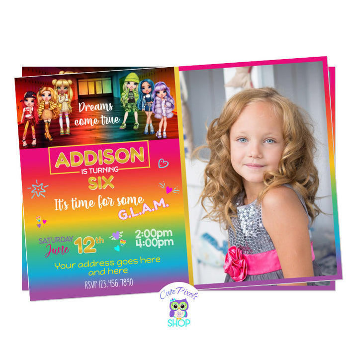 Rainbow High Dolls Invitation with all Rainbow High Dolls at the top and a rainbow background with party info, full of color, fashion and style. A dream come true for a Rainbow High Birthday Party. Includes child's photo